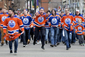 A crowd of Oilers fans downtown.