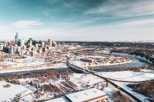 A winter aerial shot of downtown Edmonton.