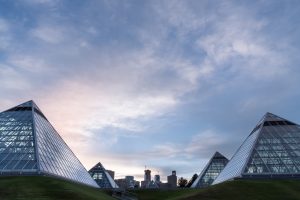 The glalss pyramids of the Muttart Conservatory in Edmonton.