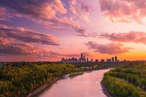 The North Saskatchewan River and Edmonton city skyline at sunset.
