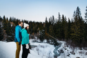 Couple hiking in wintertime.