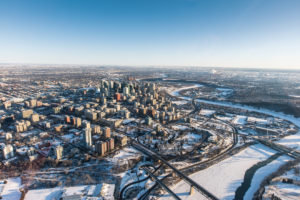 An aerial view of the Edmonton skyline in the winter.