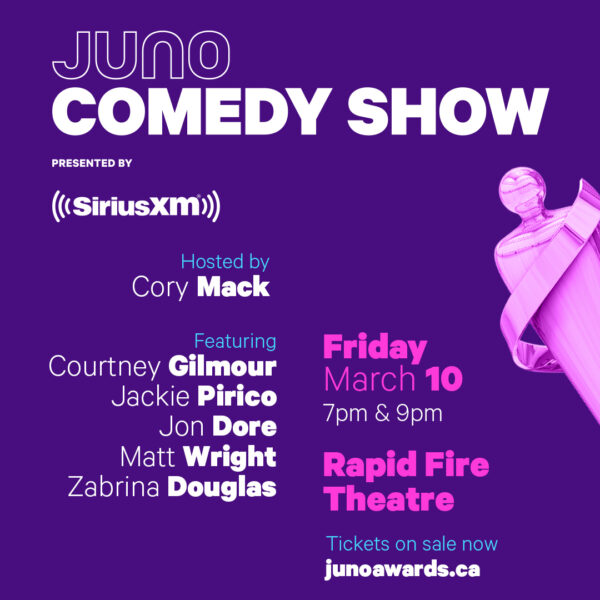 a purple graphic with details of the JUNO Comedy show on Friday, March 10 7 - 9 pm.