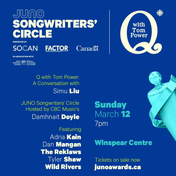 Info graphic for JUNO Songwriters Circle - Sunday, March 12 @ 7 pm