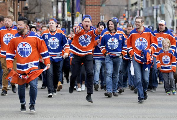 A crowd of Oilers fans downtown.