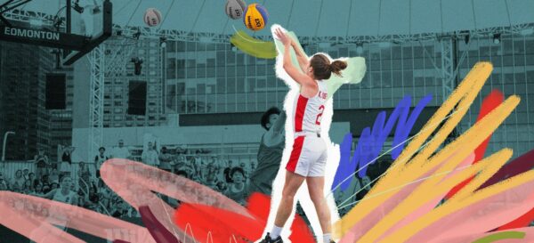 A woman is scene taking a jump shot with a basketball in the middle of the air. A graphic treatment is applied to the photo where the basketball is repeated in triples moving up the basketball net. There is also a multi coloured brush stroke treatment coming out of the graphic at the bottom.