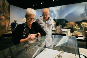 An elderly couple looks at an exhibit