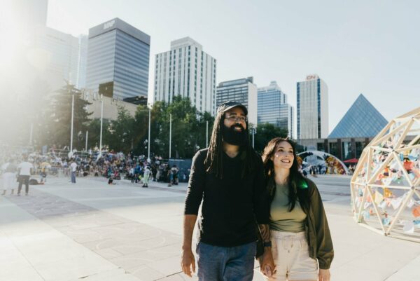 Two people at The Works Art and Design Festival in Churchill Square.