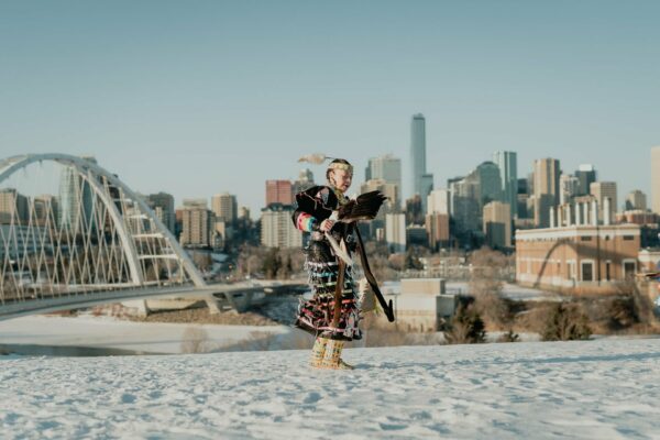 An Indigenous dancer on Walterdale Hill.