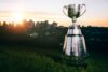 2018 Grey Cup pictured in front of the Edmonton skyline at sunset