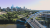 Aerial view of the river valley and skyline above Walterdale Bridge